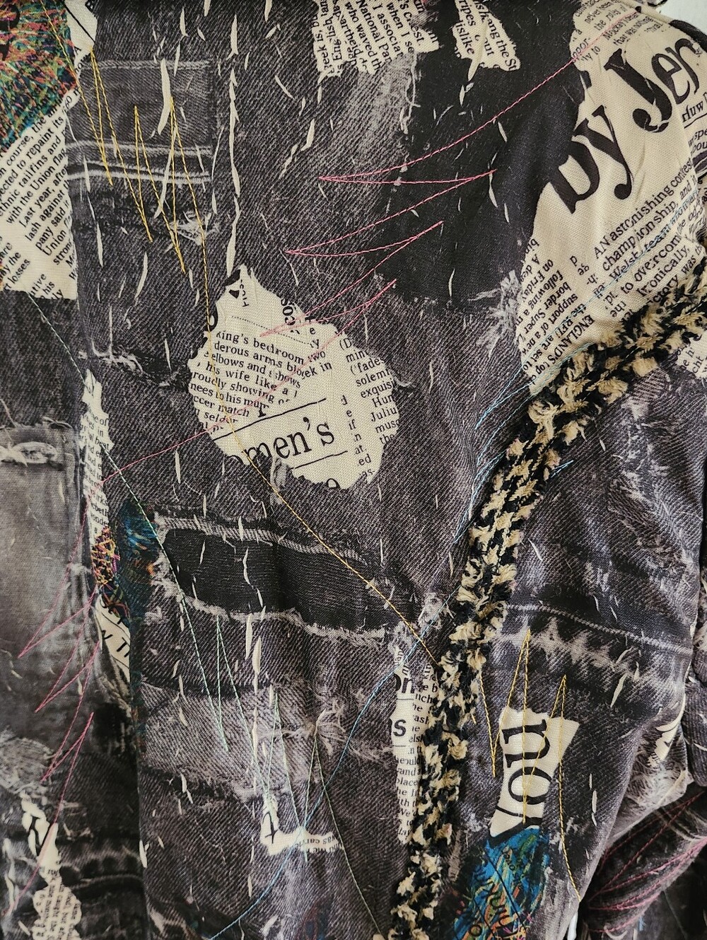 LOOK Grey Denim Look Newspaper Print Embellished Jacket - Picture 4 of 6